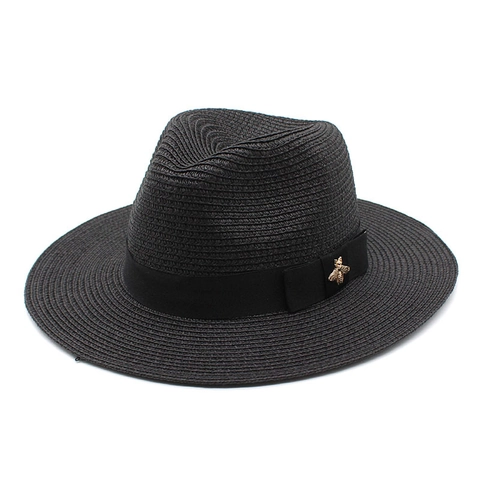 Chapeau Fedora En Paille Large Bord Protection Solaire Été Plage Style Panama Avec Décor De Mouche Dorée Unisexe
