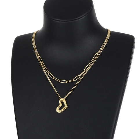Layered Stainless Steel Heart Pendant Necklace Irregular Lava Texture Paperclip Chain Minimalist Aesthetic Jewelry For Women