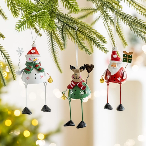 Decorazioni Natalizie In Metallo Babbo Natale Pupazzo Di Neve Renna Con Gambe Pendenti E Campanelli Per Albero