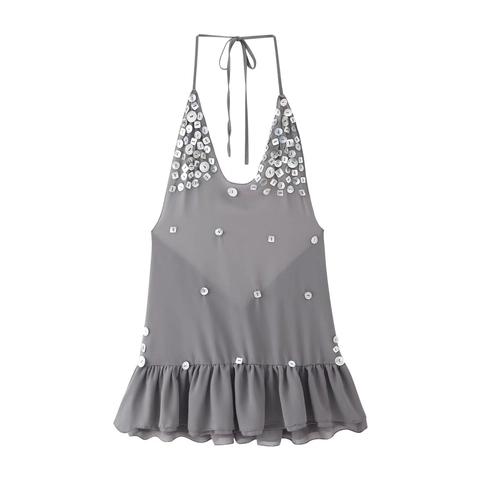 Dames Casual Halter Rugloos Mini Jurk Grijs Mouwloos Ruffle Zoom Jurk Met Schelpknoop Decor Vakantiestijl Zomer Kort A-Lijn Jurk