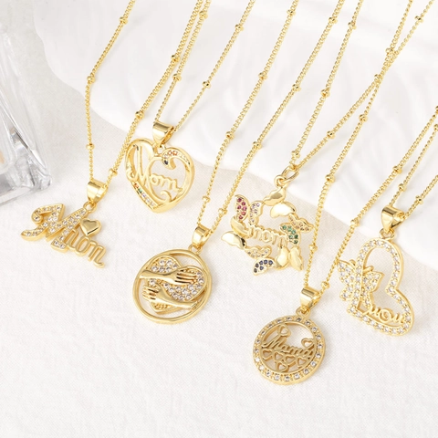 Collana Cuore In Rame Placcato Oro Pendente Mom Mama Catena Satellite Zirconia Gioielli Per Donna Regalo Festa Della Mamma