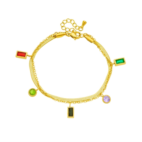 Double Layer Stainless Steel Bracelet For Women 18K Gold Plated Multicolor Zircon Gemstone Pendants Snake Chain Jewelry