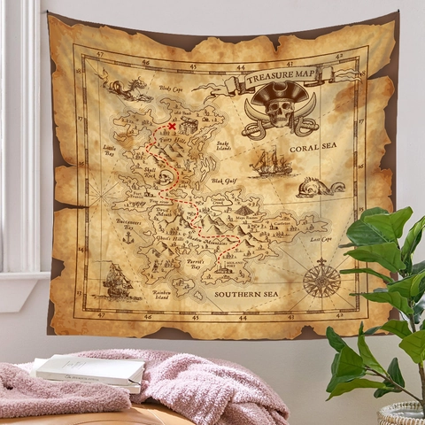 Tapiz De Mapa Del Tesoro Pirata Vintage Tapiz De Pared De Poliéster Para Decoración De Dormitorio Sala Estilo Náutico