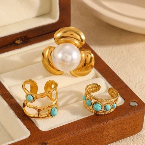 Flower Adjustable Ring 18K Gold Plated Stainless Steel Artificial Pearl Turquoise Vintage Retro Ins Style Women