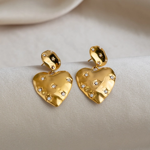 Herz Hängeohrringe 18K Vergoldet Edelstahl Hammerschlag Stern Rheinstein Hypoallergen Wasserdicht Damen Schmuck