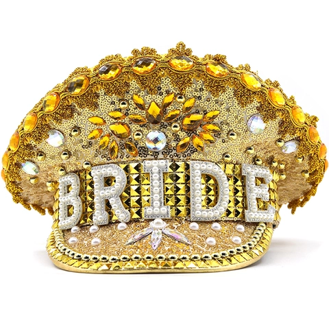 Cappello Da Capitano Sposa Dorato Lusso Paillettes Strass Perla Artificial Sintetica Scintillante Militare Festa Matrimonio Donne