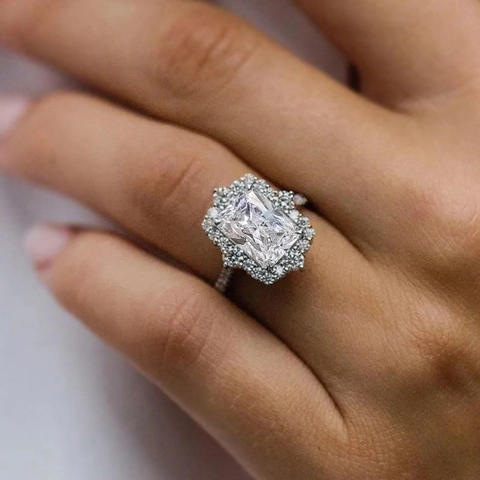 Radiant Cut Rectangular Zircon Halo Ring Copper Palace Style Vintage Luxury Wedding Engagement Jewelry For Women