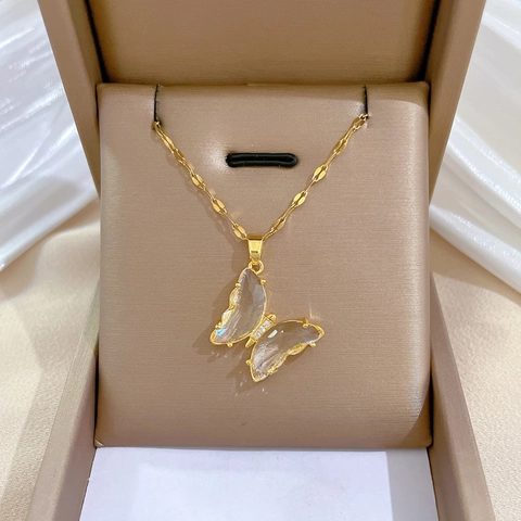 Collana Con Pendente A Farfalla Zircone Rame Intarsiato Catena In Acciaio Inossidabile Gioielli Eleganti Di Lusso Da Donna