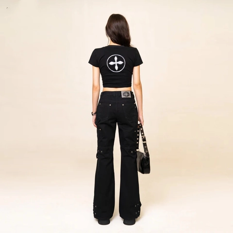 High Waist Cargo Flared Pants For Women Cotton Twill Multi Pocket Metal Rivet Streetwear Punk Style Long Trousers