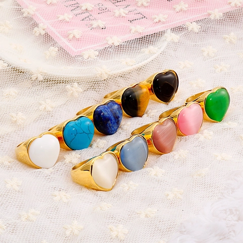 Anello Cuore in Acciaio Inossidabile Moderno per Donna Placcato Oro Anello a Fascia Larga Con Pietre Sintetiche Colorate Gioielli Regalo