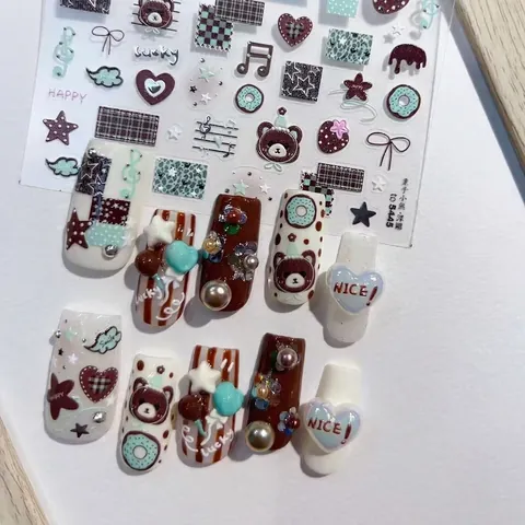 Nail Art Stickers 3D Relief Embossed Cartoon Bear Cute Vintage DIY Manicure Decoration Decals Heart Star Note Patterns