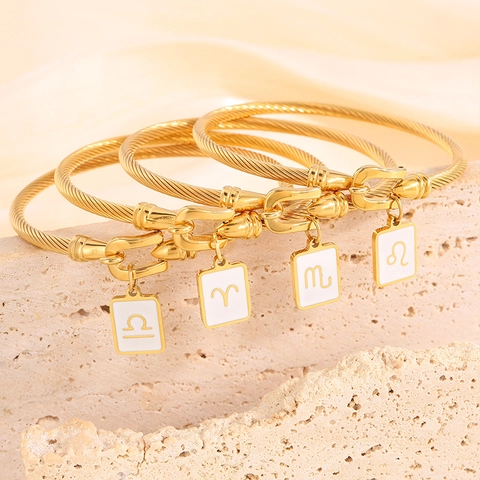 18K Gold Plated Stainless Steel Zodiac Sign Bangle For Women Twisted Cable Rope Horseshoe Clasp Enamel Square Charm Bracelet Jewelry