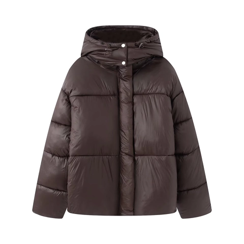 Women Winter Puffer Jacket Hooded Quilted Glossy Polyester Warm Solid Color Thickened Padded Parka Casual