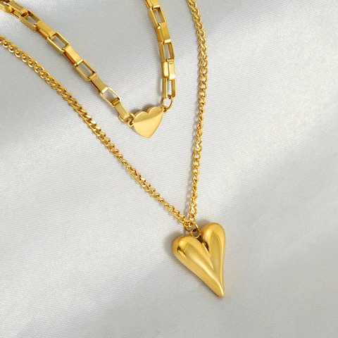 Dubbele Laag Hart Hanger Ketting Roestvrij Staal 18K Verguld Retro Hart Sieraden Voor Dames