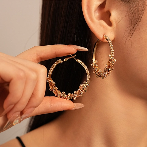 Large Geometric Circle Hoop Earrings With Rhinestones Alloy Gold Plated Fashion Jewelry Women Silver Earring Post