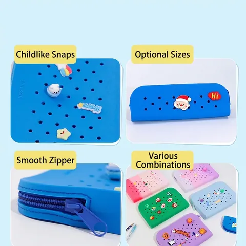 Silicone Pencil Case DIY Hole Design Portable Stationery Storage Bag Cute Decorative Charms For Students