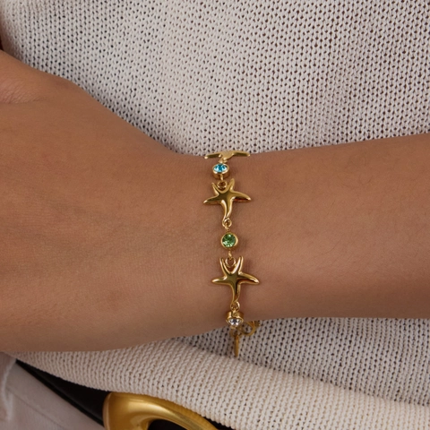 Pulsera Estrella De Mar Acero Inoxidable Chapado En Oro 18K Circonita Color Estilo Océano Joyería Mujeres Ajustable