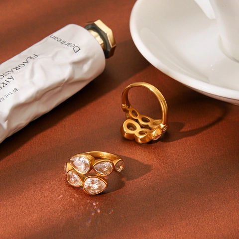 Cluster Zirkon Wickelring Edelstahl 18K Vergoldet Verstellbar Offenes Band Eleganter Schmuck Für Damen
