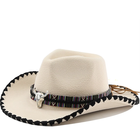 Western Cowboy Hat Polyester Felt Bull Head Decor Ethnic Woven Band Wide Brim Vintage Jazz Retro For Men Women