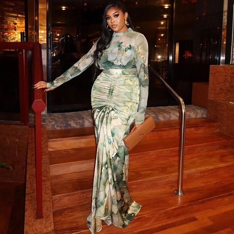 Ruched Mock Neck Long Sleeve Top And Slim Fit Maxi Skirt Abstract Marble Print Polyester Spandex Elegant Streetwear