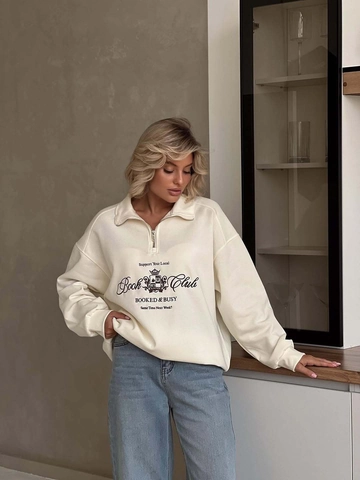 Felpa Da Donna Con Mezza Zip In Cotone Oversize Manica Lunga Pullover Stampa Lettere Colletto A Revers Stile Vintage