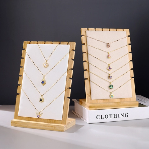 Bamboo Wood Necklace Display Stand PU Leather Velvet Padded Multiple Slots Jewelry Organizer Board For Desktop Counter