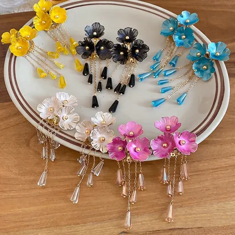Bloemen Kwastje Hangoorbellen Elegant Bloemontwerp Met Zilveren Oorsteker Lange Franjes Voor Dames Luxe Sieraden