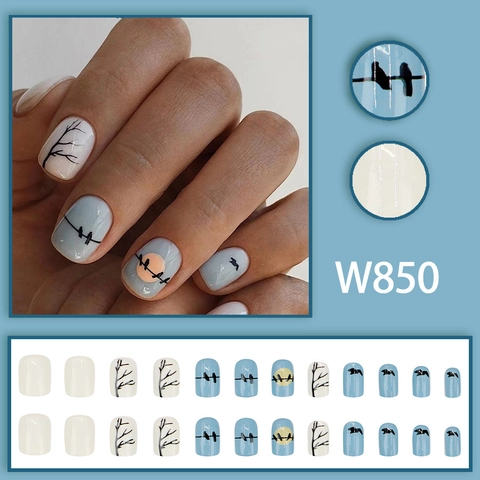 Blue Sunset Bird Silhouette Press On Nails Short Square Round ABS Plastic Artificial Fake Nails Artistic Ins Style