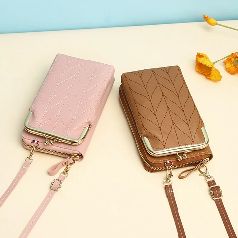 Crossbody Phone Bag Women PU Leather Kiss Lock Zipper Multi Pocket Solid Color Small Shoulder Purse Minimalist