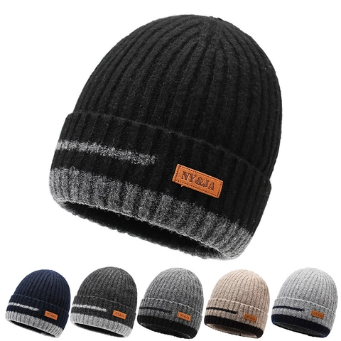 Wintermütze Herren Beanie Warm Dick Gestrickt Mit Lederpatch Fleece Futter Outdoor Winddicht Lässig