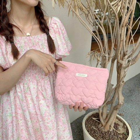 Herz Gesteppte Baumwolle Kosmetiktasche Große Kapazität Tragbare Aufbewahrungstasche Clutch Für Frauen