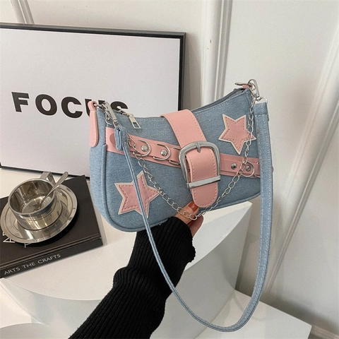 Sac À Épaule Denim Sous L'Aisselle Étoile Patchwork Rose Cuir Décor Style Y2K Rivet Chaîne Mode Femmes