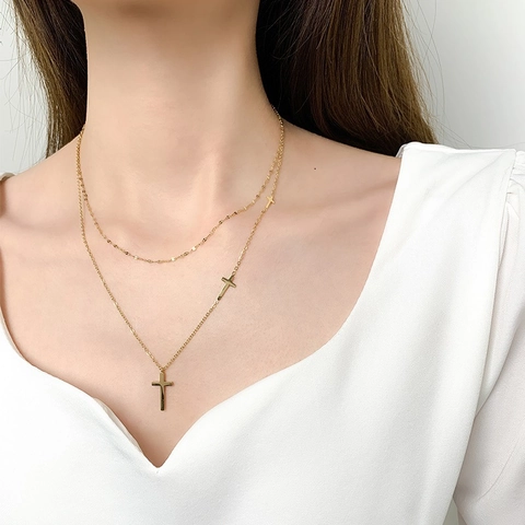 Collana A Doppio Strato In Acciaio Al Titanio Pendente A Croce Choker Minimalista Per Donna Gioielli Alla Moda