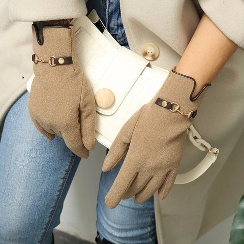 Women Winter De Velvet Warm Gloves Windproof Touch Screen Driving Elegant Metal Horsebit Buckle Decoration