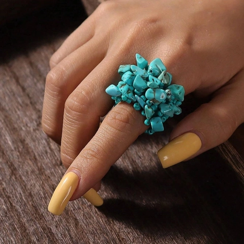 Anillo De Piedra Natural Irregular Bohemio Para Mujer Anillo De Racimo De Cuentas Hecho A Mano Estilo Étnico Vintage