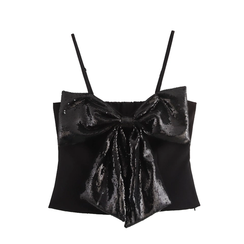 Débardeur Camisole Femme Sexy Noir À Paillettes Avec Nœud Coupe Ajustée Style Spicy Girl Polyester Bretelles Réglables