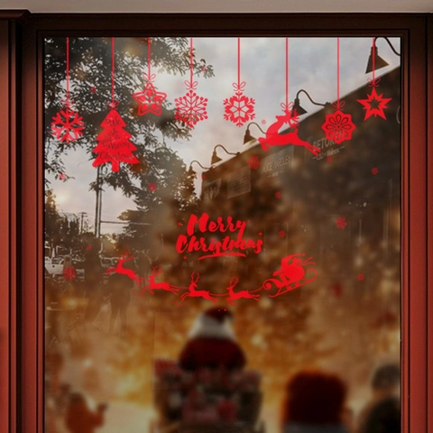 Christmas Window Stickers Static Cling PVC Decals Red Snowflake Reindeer Santa Claus Holiday Glass Door Decoration