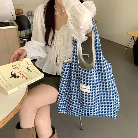 Karierte Strick Tragetasche Damen Große Kapazität Gewebte Schachbrett Schulter Handtasche Lässig Koreanischer Stil