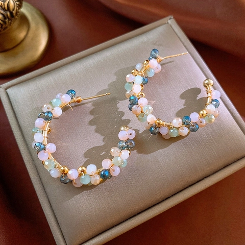 Boho C-Shape Hoop Earrings With Multi-Color Crystal Beads And Silver Earring Post Handmade Copper Jewelry For Women