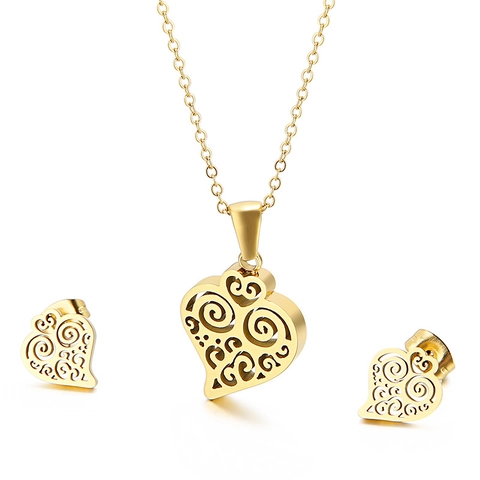 Gioielli In Acciaio Inossidabile Collana E Orecchini Pendente Cuore Motivo Spirale Svuotato Elegante Regalo Per Donne