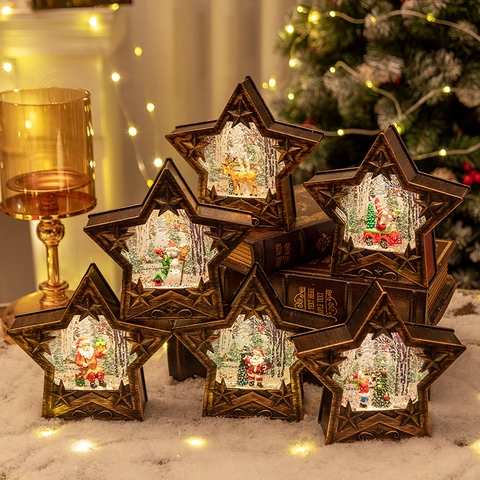 Boule à Neige de Noël en Forme d'Étoile Lumière LED Finition Bronze Rétro Ornement de Bureau Père Noël Bonhomme de Neige Renne Cadeau de Noël