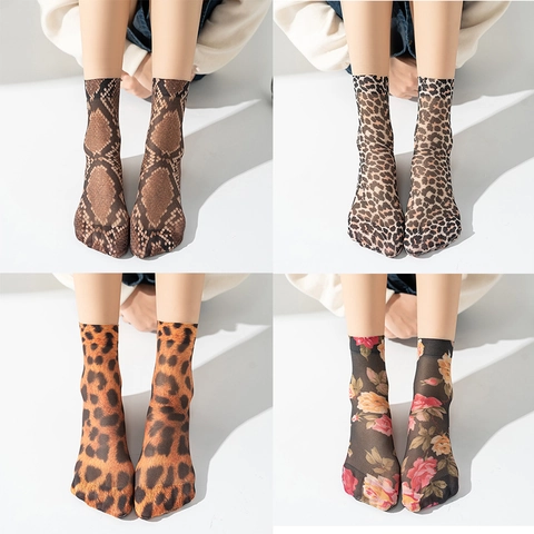 Calze Trasparenti Donna Nylon Stampa Leopardo Serpente Fiore Ultrasottili Traspiranti Sexy Rete