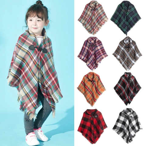 Children's Plaid Poncho Shawl With Toggle Button Tassel Fringe Kids Winter Warm Acrylic Cashmere-Like Cape Outwear For Girls