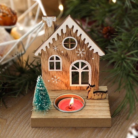 Christmas Wooden Candle Holder Santa Reindeer House Tabletop Decoration Nordic Style Festive Ornament Window Display