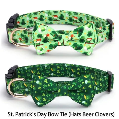 Adjustable Pet Collar And Bowtie Polyester Holiday Printed Shamrock Heart Easter Egg Decor For Dogs Cats