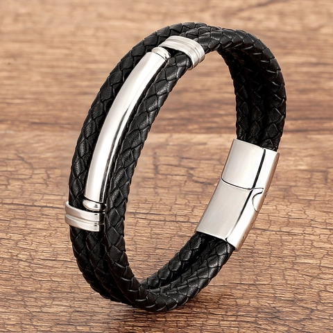 Multi-layer Woven Leather Bracelet With Stainless Steel Magnetic Clasp Punk Vintage Jewelry For Men