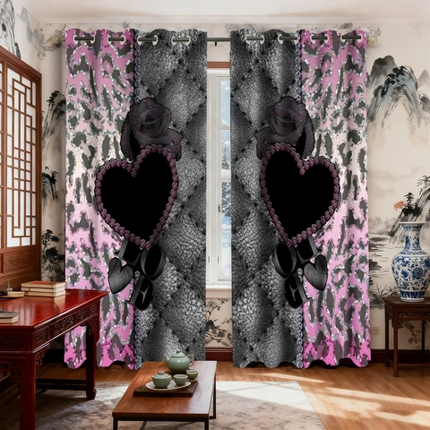 Pink Leopard Heart Black Rose LOVE Pattern Polyester Blackout Curtains Grommet Top Window Drapery Decor