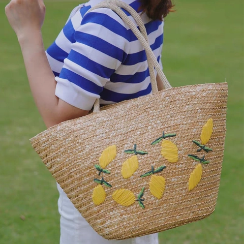 Sac À Épaule Tissé En Paille À La Main Avec Broderie Citron Grande Capacité Sac Seau De Plage D'été Pour Femmes