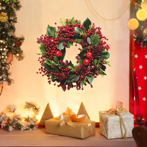 Weihnachts kranz Wandaufkleber PVC Dekal Mit Roten Beeren Kiefernzapfen Immergrünen Blättern Für Wohnzimmer Schlafzimmer Feiertags dekoration