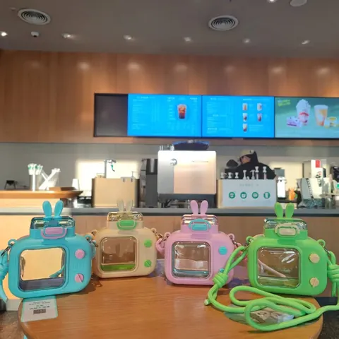 Cartoon TV Camera Shape Straw Water Bottle Plastic Portable Crossbody Strap Kids Kettle With Rabbit Ears